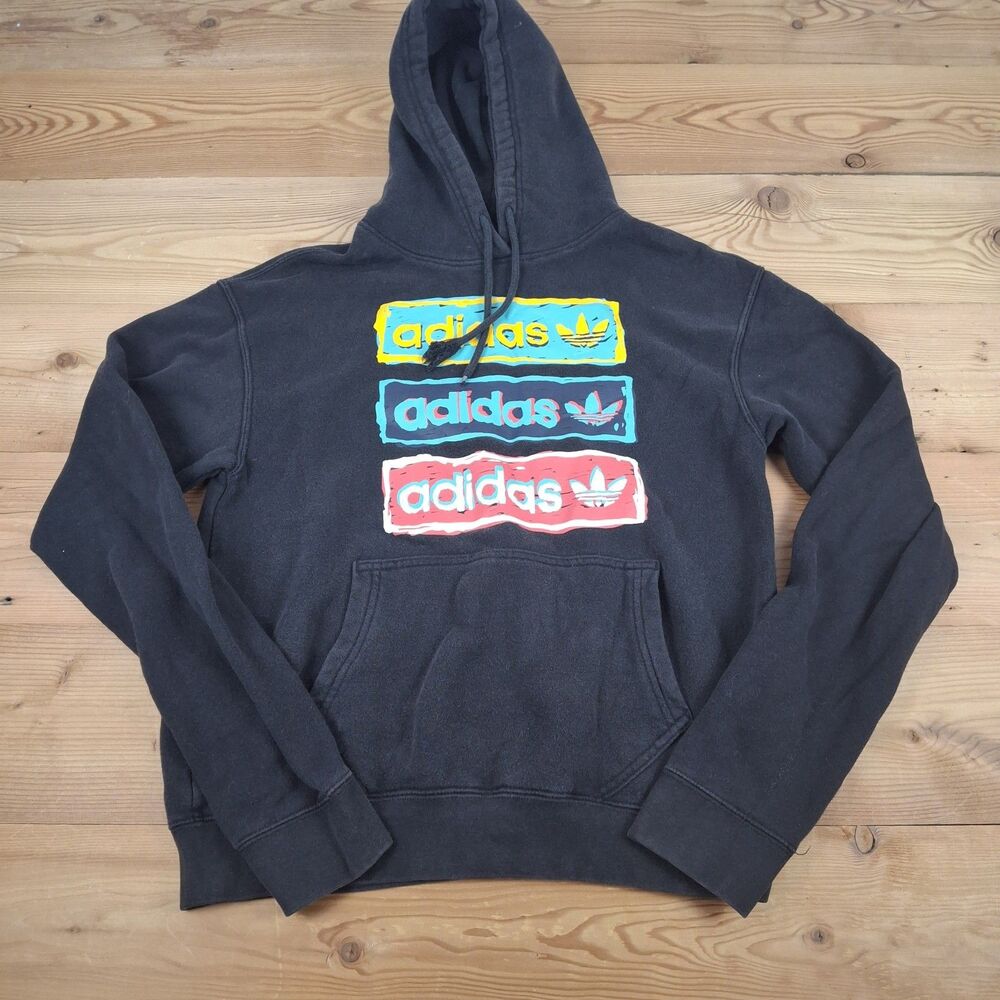 Adidas Mens Medium Black Graphic Iconic Tri Linear Hooded Sweatshirt Normcore